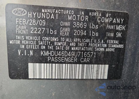 2009 Hyundai Elantra Gls from USA, damaged, VIN KMHDU46D49U716571